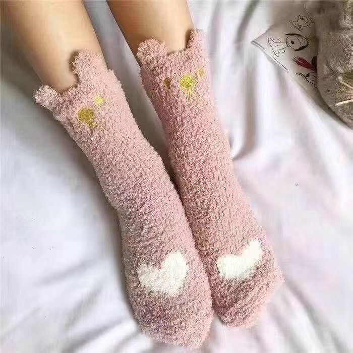 Wholesale Autumn and Winter coral fleece mid-calf length socks fleece-lined thickened floor socks cat ear home confinement socks