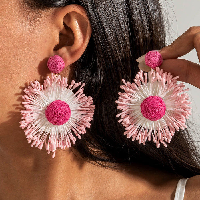 Wholesale Vacation Style Handmade Raffia Flower Earrings Red Jewelry Accessory MOQ≥5