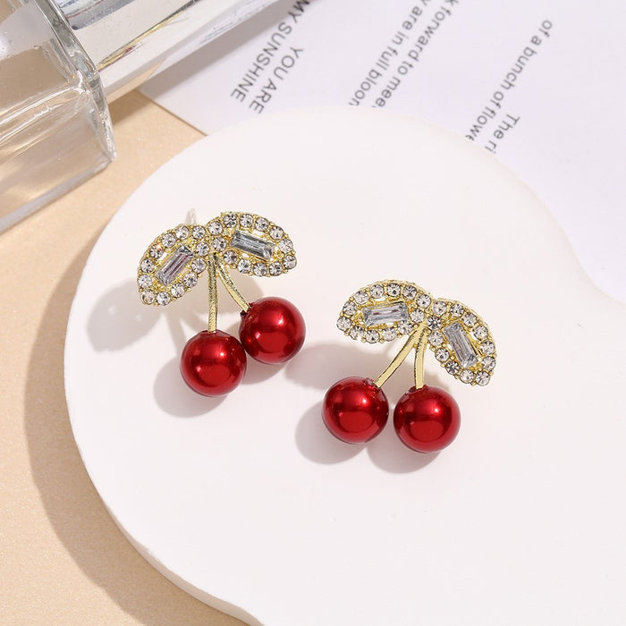Wholesale Electroplated Cherry Rhinestone Pearl Ear Studs Sweet Design Fashion Jewelry