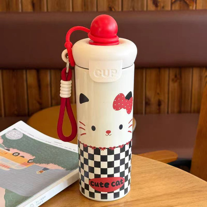 Wholesale 316 Stainless Steel Cute Cat Design Insulated Straw Water Bottle For Students With Carrying Strap