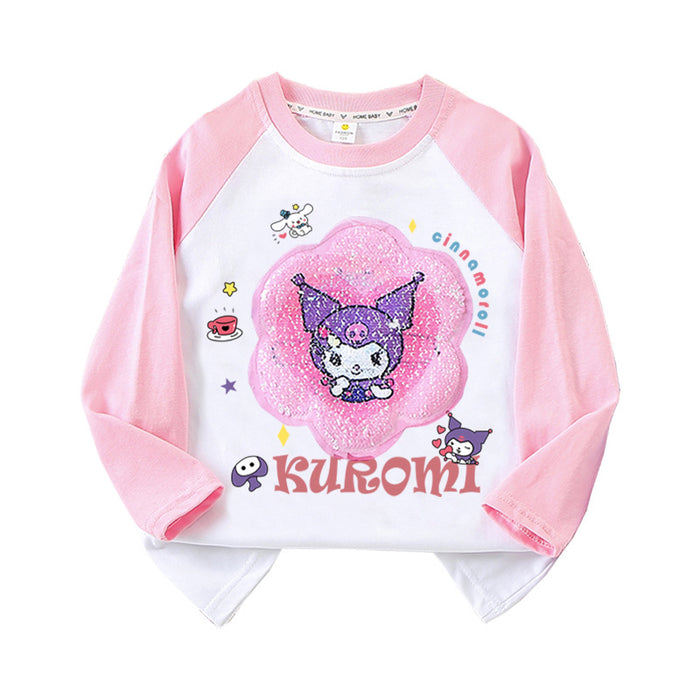 Wholesale Spring and Autumn Girls Cartoon Kuromi Sequin Flip Color Long Sleeve T-shirt Pure Cotton Bottoming Shirt Top Personalized Design JDC-CTS-QNE004