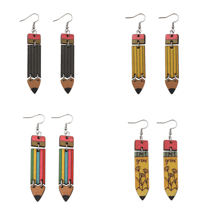 Wholesale Teaching learning rainbow pencil double-sided wooden earrings graduation season back to school season student teacher earrings