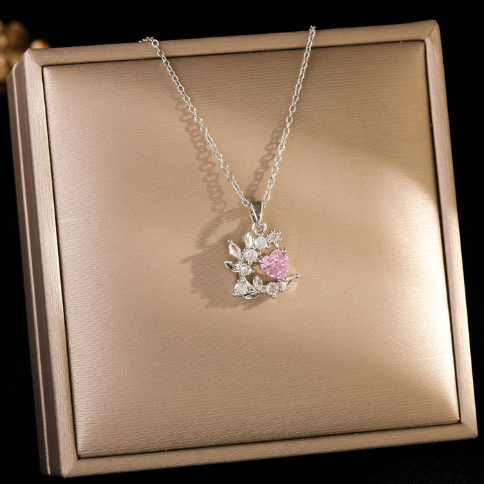 Wholesale Pink zircon silver titanium steel necklace