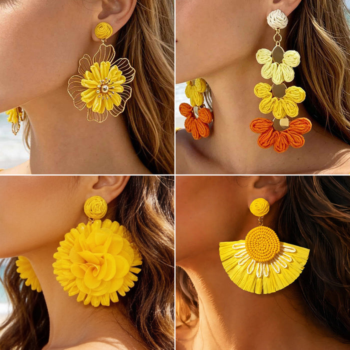 Wholesale Raffia Flower Earrings Summer Beach Style Fashion Accessory MOQ≥2