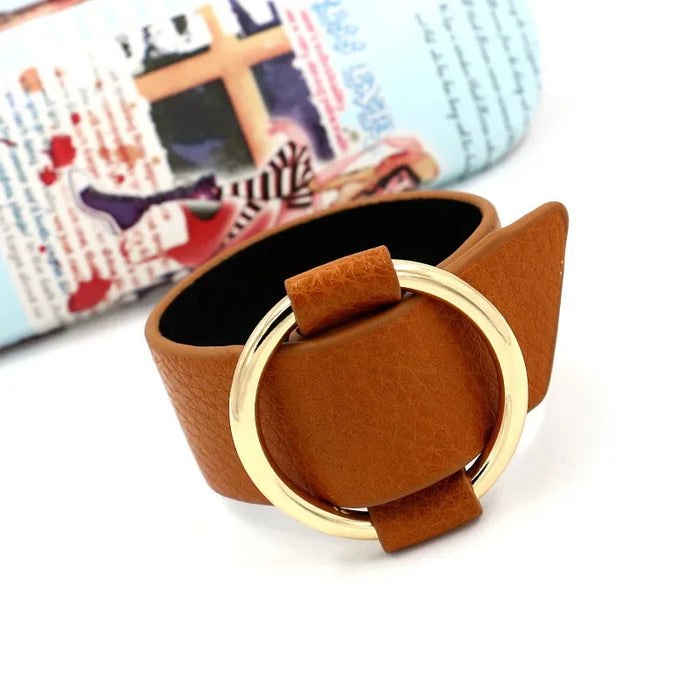 Wholesale Personalized adjustable opening metal ring bracelet, faux leather bracelet, fashionable and versatile wide bracelet for women