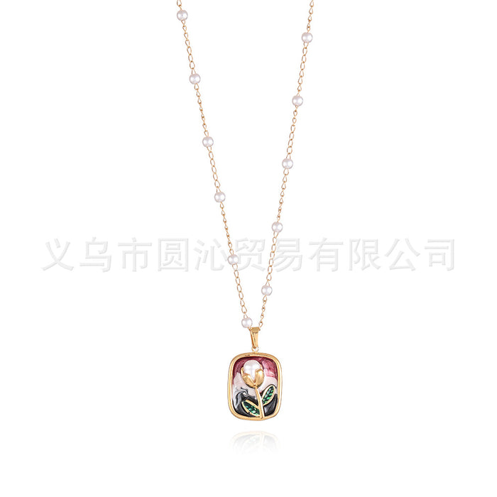 Wholesale Vintage oil painting style necklace for women, versatile and high-end, drip oil flower pendant, collarbone chain accessory