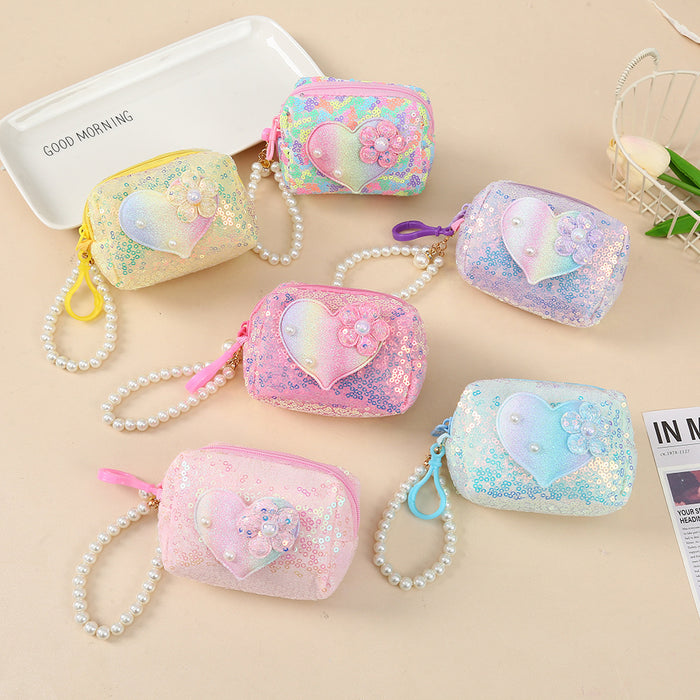 Wholesale Love Schoolbag Pearl Sequin Portable Coin Purse Plush Keychain JDC-KC-YiK004