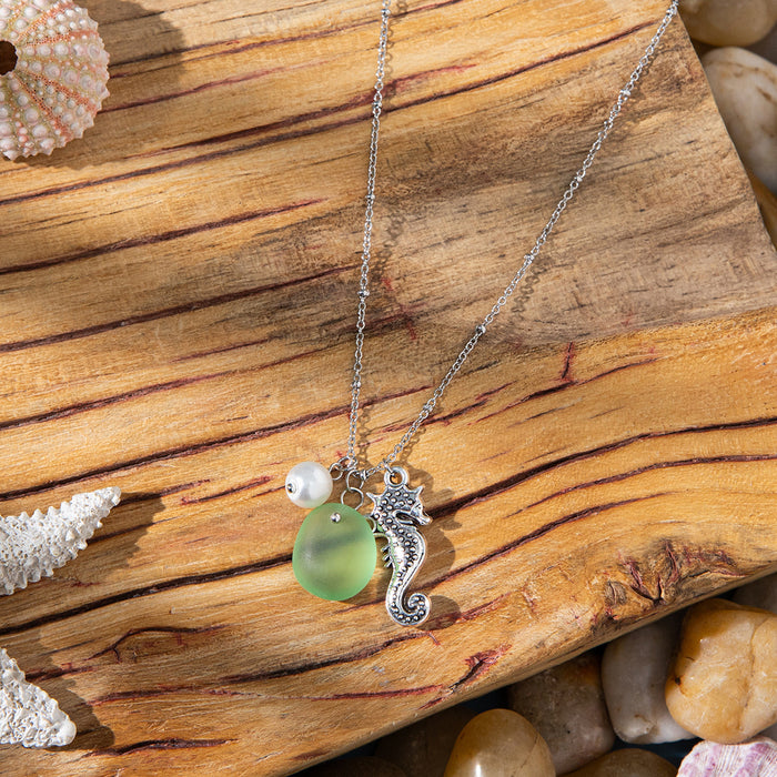 Wholesale Zinc alloy starfish and seashell pendant necklace with glass chain