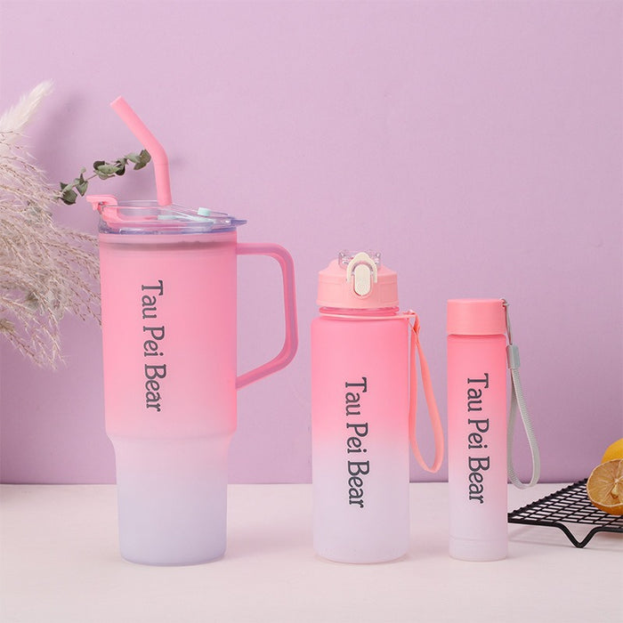 Wholesale Three-piece gradient color large capacity portable straw plastic cup set
