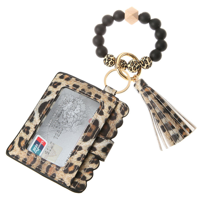 Wholesale Silicone Beads Bracelet Card Holder Leopard Print PU Leather Tassel Pendant Keychain JDC-KC-JinY010