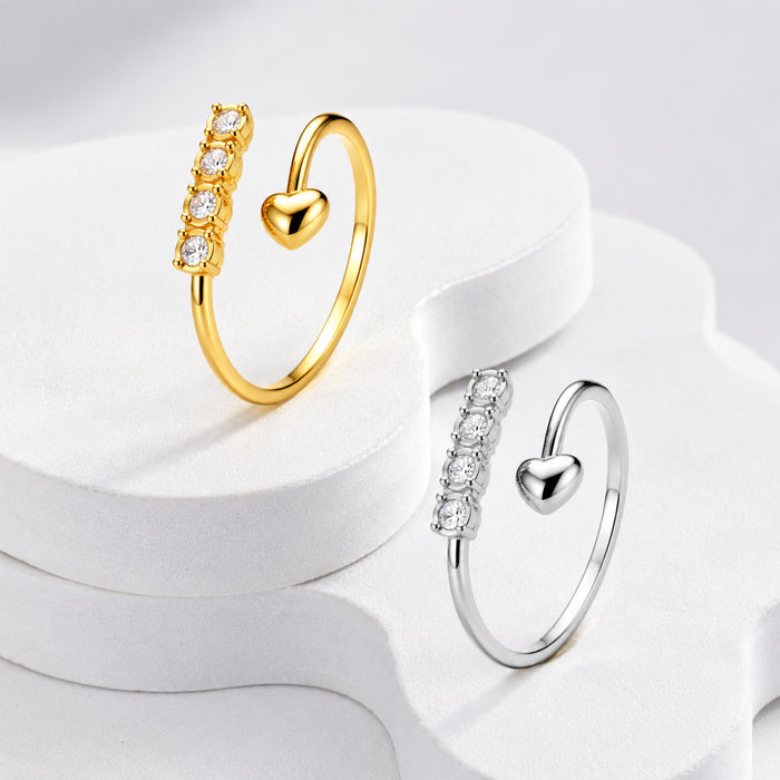 Wholesale Heart Rhinestone Open Adjustable Ring Stainless Steel Gold Plated Jewelry Accessory