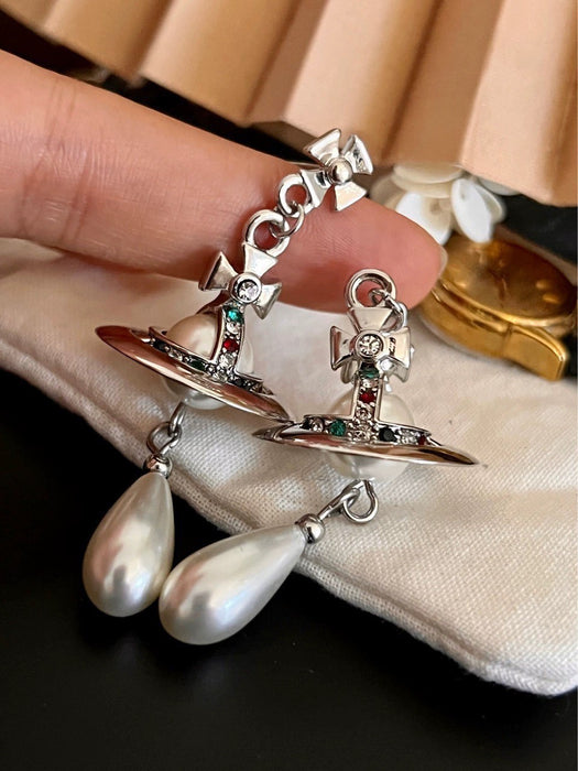Wholesale UFO-engraved Saturn gold and silver teardrop pearl earrings