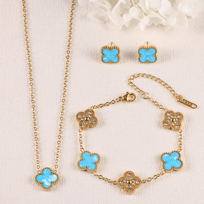 Wholesale Stainless Steel Four-Leaf Clover Three-Piece Gold-Plated Jewelry Set