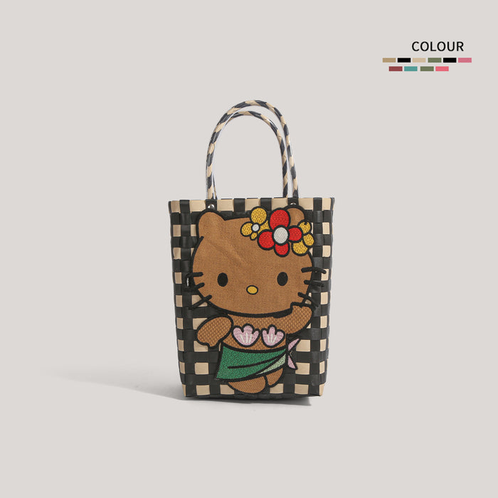 Wholesale  Plastic Woven Handbag Black Leather  Woven Vegetable Basket Handbag Handmade Bag