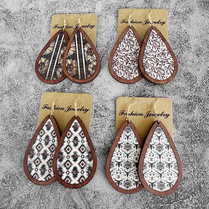 Wholesale Aztec ethnic style wood earrings water drop printing retro texture