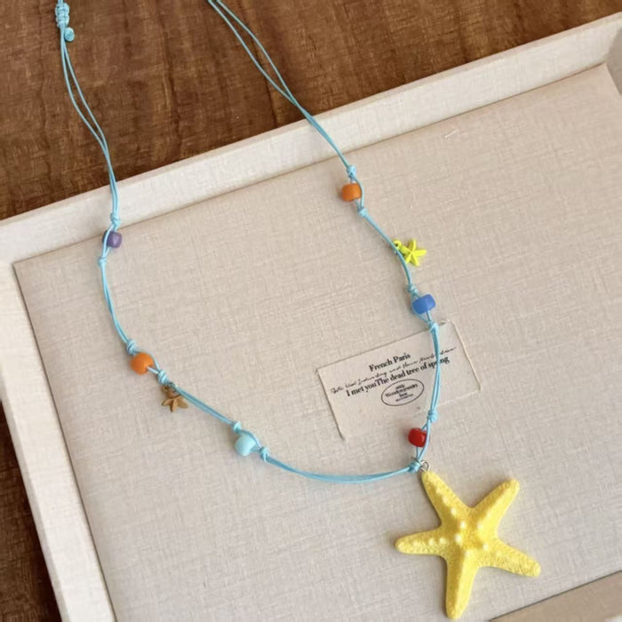 Wholesale Handmade Alloy Beaded Starfish Necklace Yellow Sea Star Blue Thread Beach Vacation Style