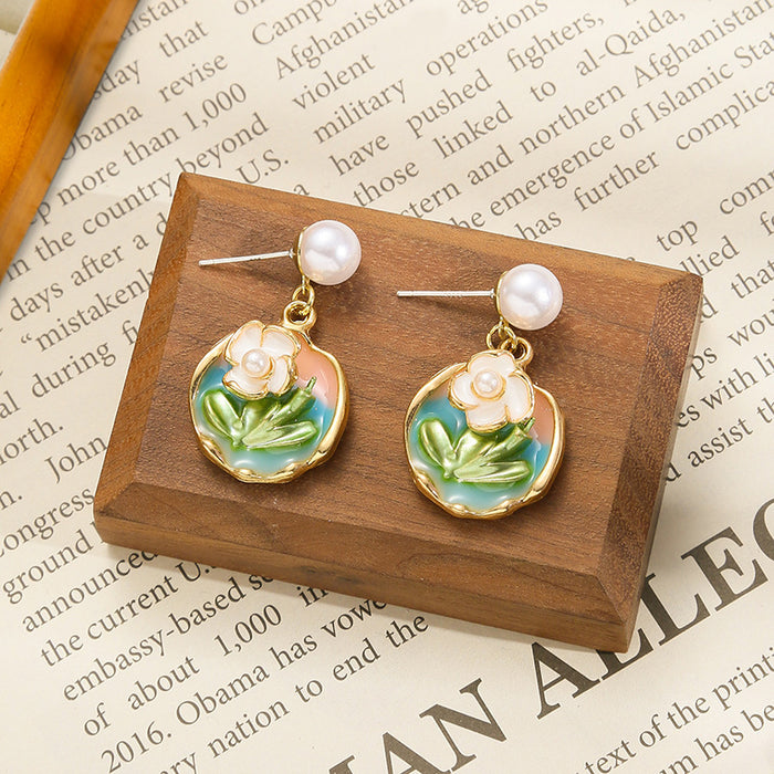 Wholesale Colored oil dripping flower earrings with a light luxury and high-end feel, fresh and fashionable temperament earrings