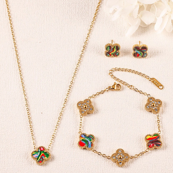 Wholesale Stainless Steel Four-Leaf Clover Three-Piece Gold-Plated Jewelry Set