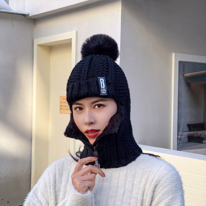 Wholesale Winter Women's Knitted Velvet Pullover Ear Protection Hat Zipper Scarf Fashionhat JDC-FH-JW001