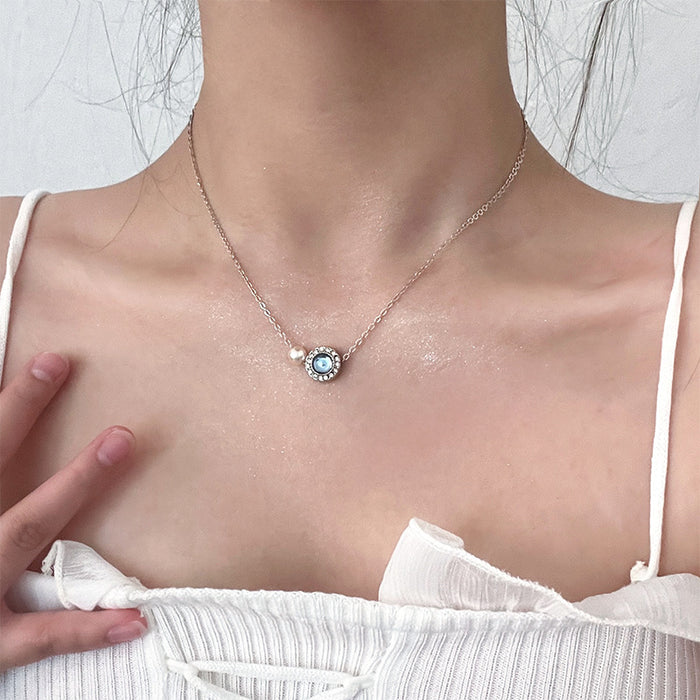 Wholesale Aquamarine Pearl Necklace Women's Silver Needle Earrings Necklace suit Combination