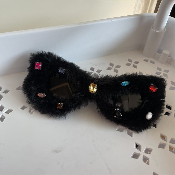 Wholesale Glasses birthday funny plush glasses triangle white cat ear sunglasses with diamond design