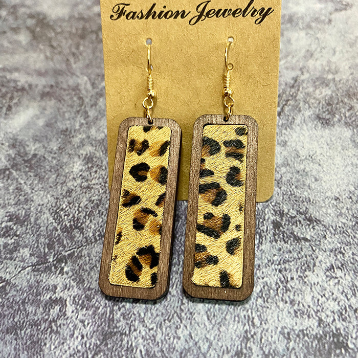 Wholesale leopard print simple bar genuine leather earrings retro geometric texture inlaid earrings