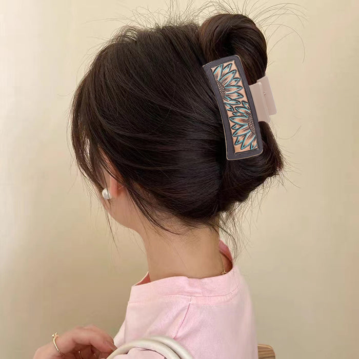 Wholesale West Denim Wind Sunflower Leather Hairpin PU Shark Clip Women Grab Clip