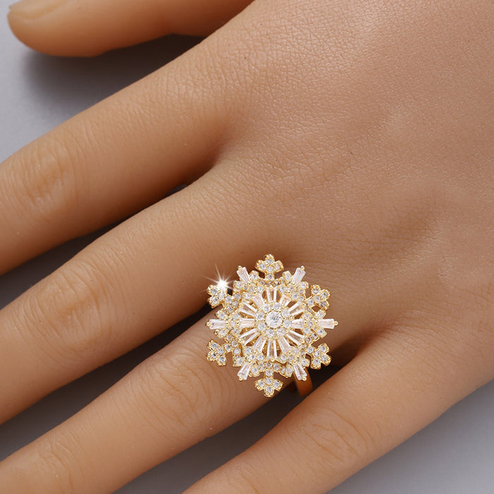 Wholesale Alloy Full Diamond Snowflake Double Layer Rotatable Open Ring JDC-RS-ZhuoM002