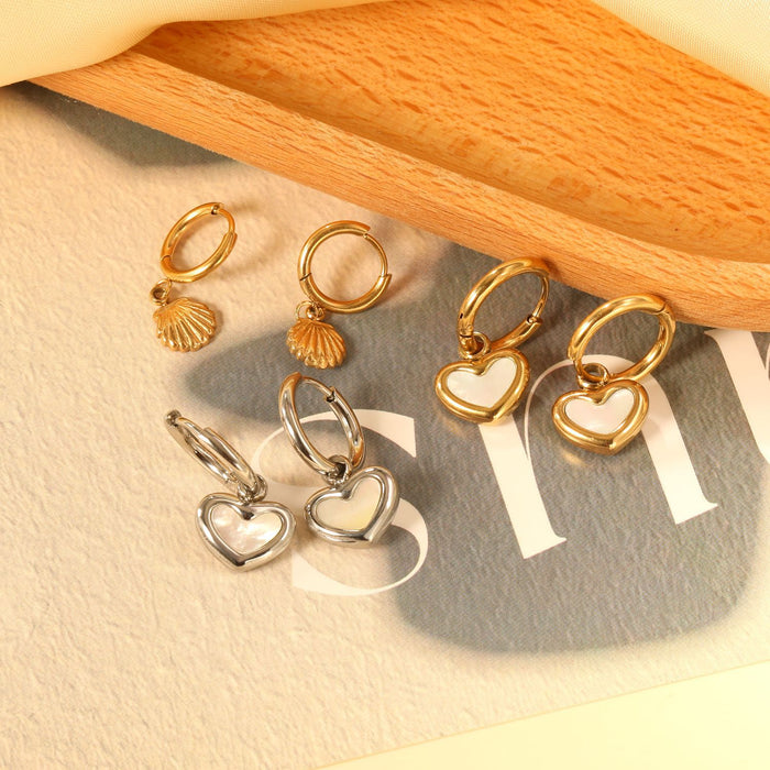 Wholesale  Retro hoop polished stainless steel heart shell metal earrings
