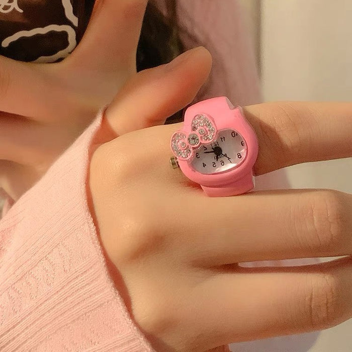 Wholesale Cute bow, rhinestone, clock, watch, ring, women's niche design, fashionable and versatile ring, watch