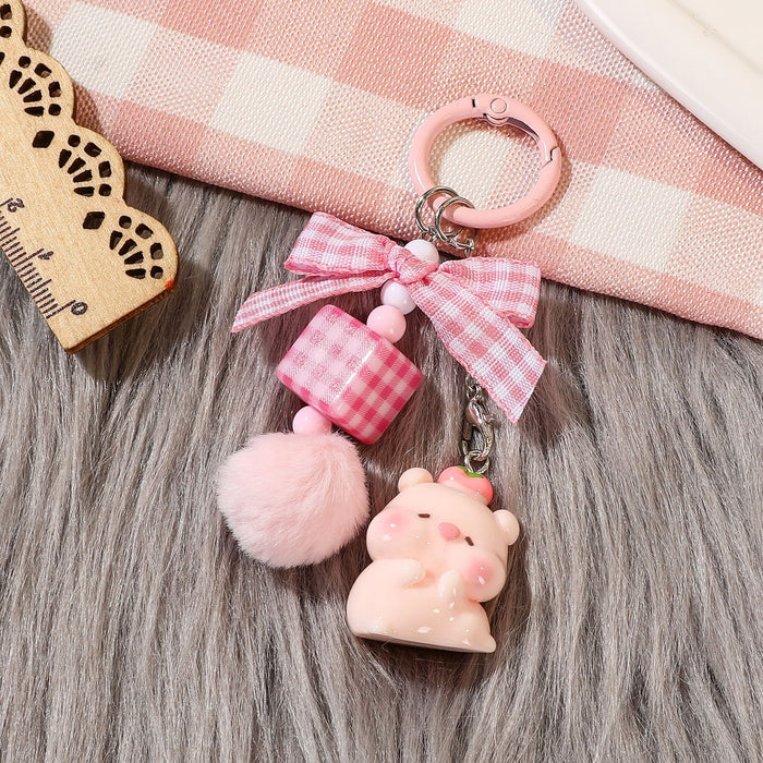 Wholesale Handmade Beaded Pig Keychain Colorful Plush Square Charm Cute Car Key Accessory