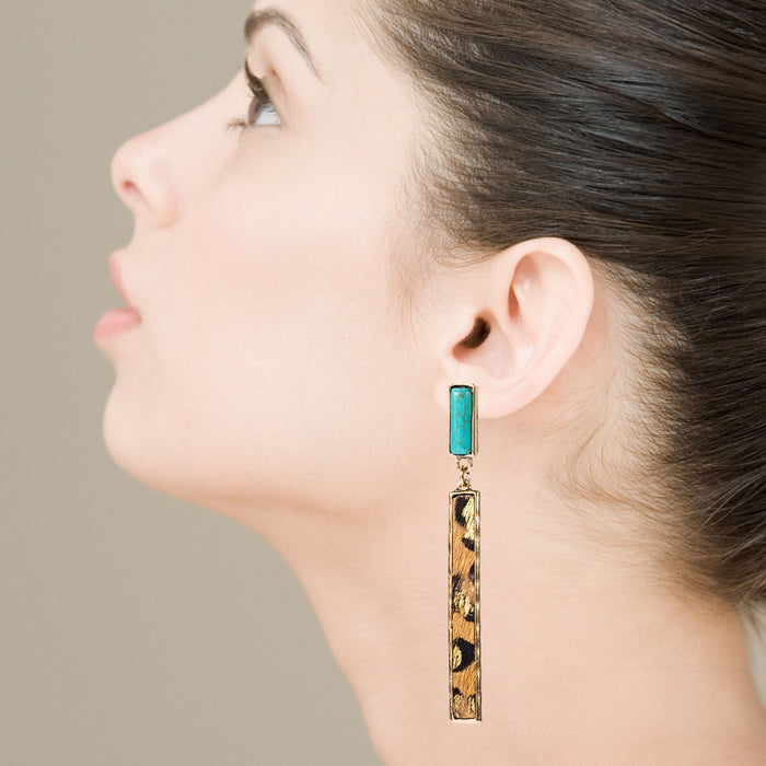 Wholesale Exaggerated long leather and alloy earrings set with turquoise