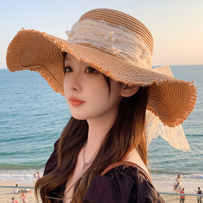 Wholesale Big bow hat for sun protection, fashionable and sweet temperament, large brim sun hat, outdoor sun hat