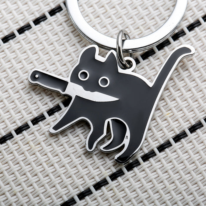 Wholesale Black Cat Holding Knife Stainless Steel Keychain JDC-KC-JinZ004