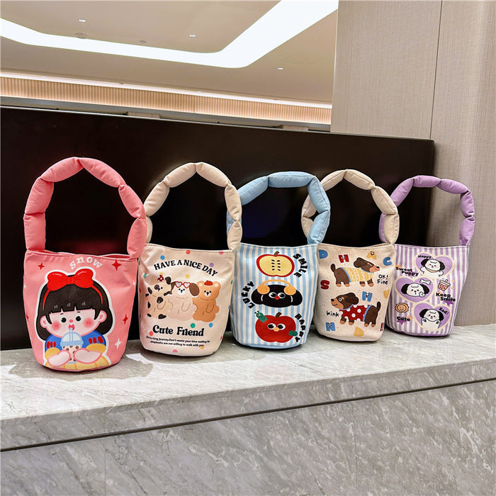 Wholesale Women's single-room bag cartoon illustration cotton-filled bucket portable underarm work travel photo bag