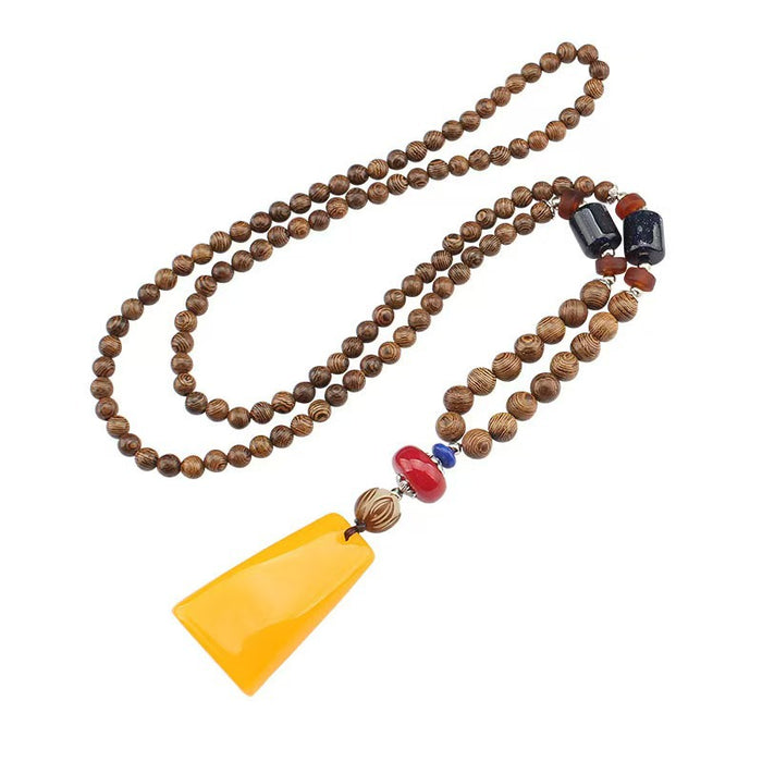 Wholesale Retro ethnic style long wooden sweater chain Bodhi pendant wooden bead necklace Tibetan cotton and linen pendant Buddhist beads necklace