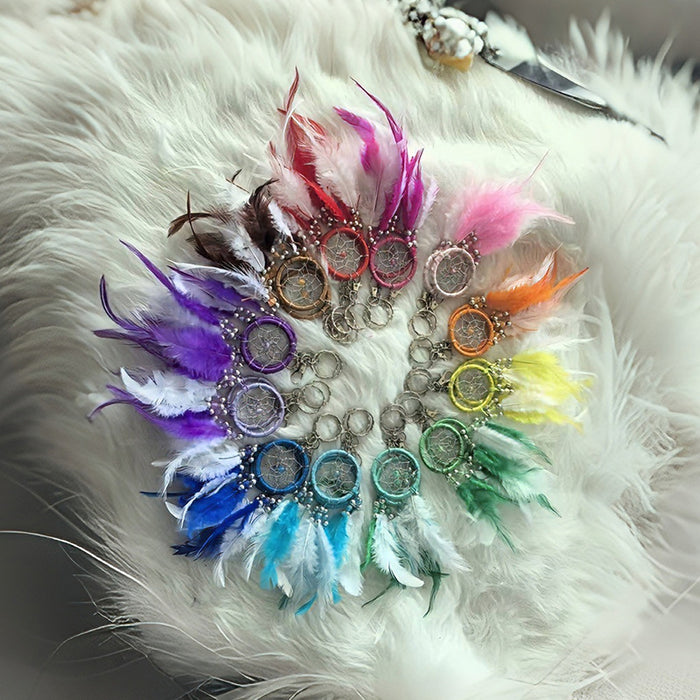 Wholesale Handmade Red Feather Dreamcatcher Keychain Nordic Style Couple Gift