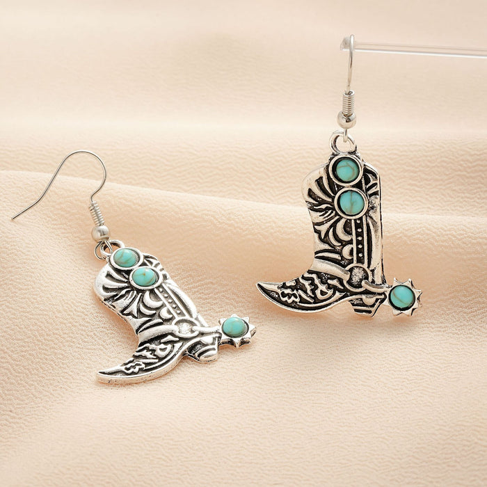 Wholesale European and American Personalized turquoise western cowboy alloy boots shape earrings