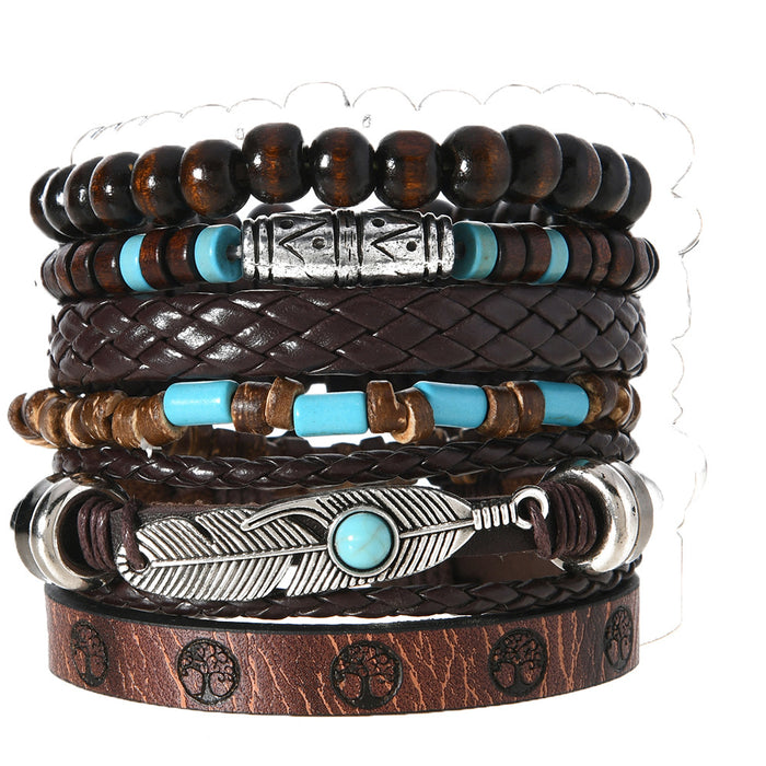 Wholesale New Retro Style Wooden Bead Bead Bead Retro Flower Bull Head Eye Feather Multi Layer DIY 6-piece Set Men's Bracelet