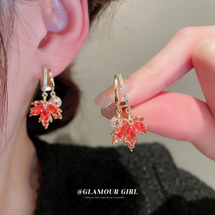 Wholesale Earrings Alloy Pearl Zircon Red Maple Leaf Double Layer JDC-ES-BY344