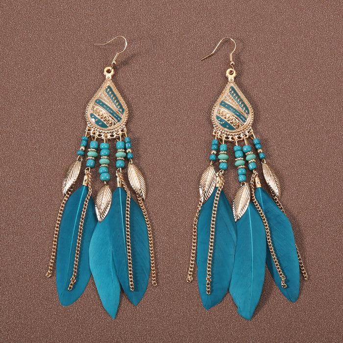 Wholesale Alloy Bohemian Feather Tassel Long Earrings JDC-ES-Gumi004