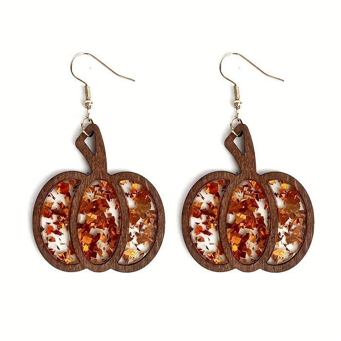 Wholesale Halloween Autumn Pumpkin Wood Inlay Sequin Earrings JDC-ES-XiYin001