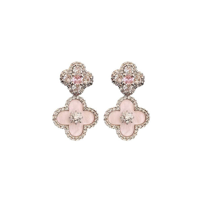 Wholesale Pink Shell Four-Leaf Earrings Silver Needles