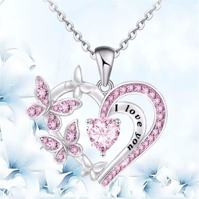 Wholesale " I love you"  heart-shaped butterfly micro-inlaid rhinestone alloy necklace