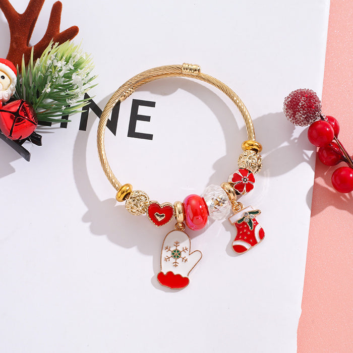 Wholesale Stainless Steel Elk Snowflake Bell Pendant Beaded Bracelet Christmas MOQ≥2