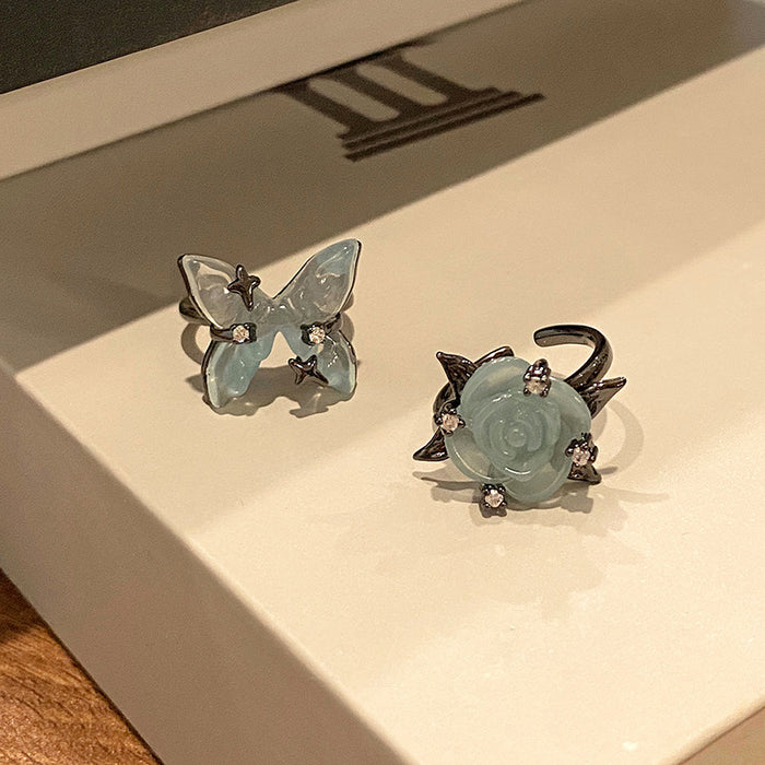 Wholesale Minimalist ice transparent blue rose ring with niche design, prickly butterfly, light luxury and personalized opening