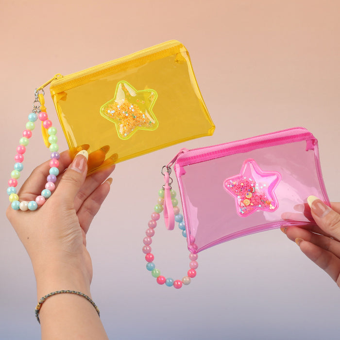 Wholesale PVC Star Macaroon Clear Zip Coin Purse Pink Bead Chain Multi Use Card Holder Earphone Bag Trendy