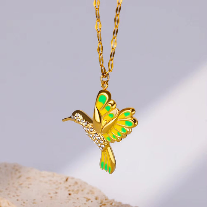 Wholesale Stainless steel hummingbird  pendant jewelry inlaid zircon  necklace
