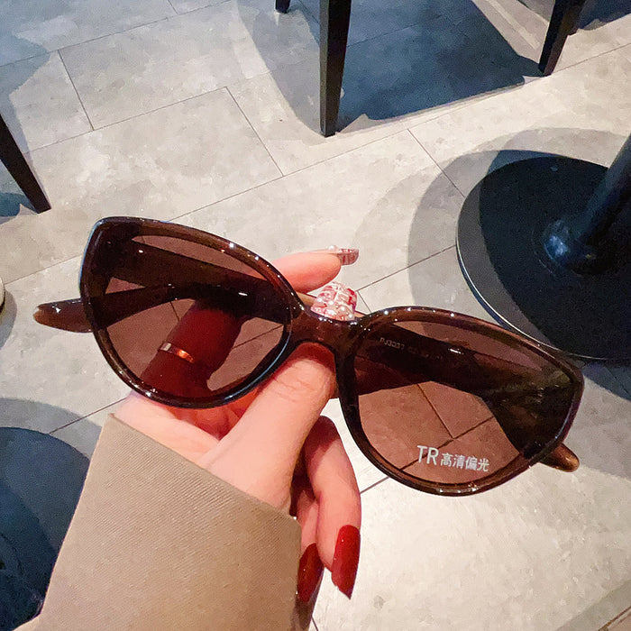Wholesale Retro tea brown oval sunglasses for women, high-end sense, square round face sunglasses, polarized