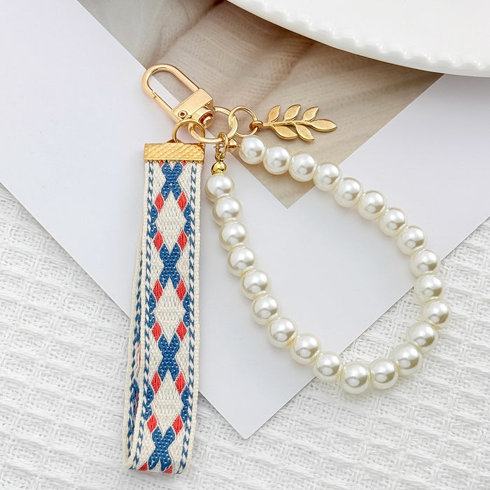 Wholesale Pearl chain beaded mobile phone lanyard bow pendant keychain